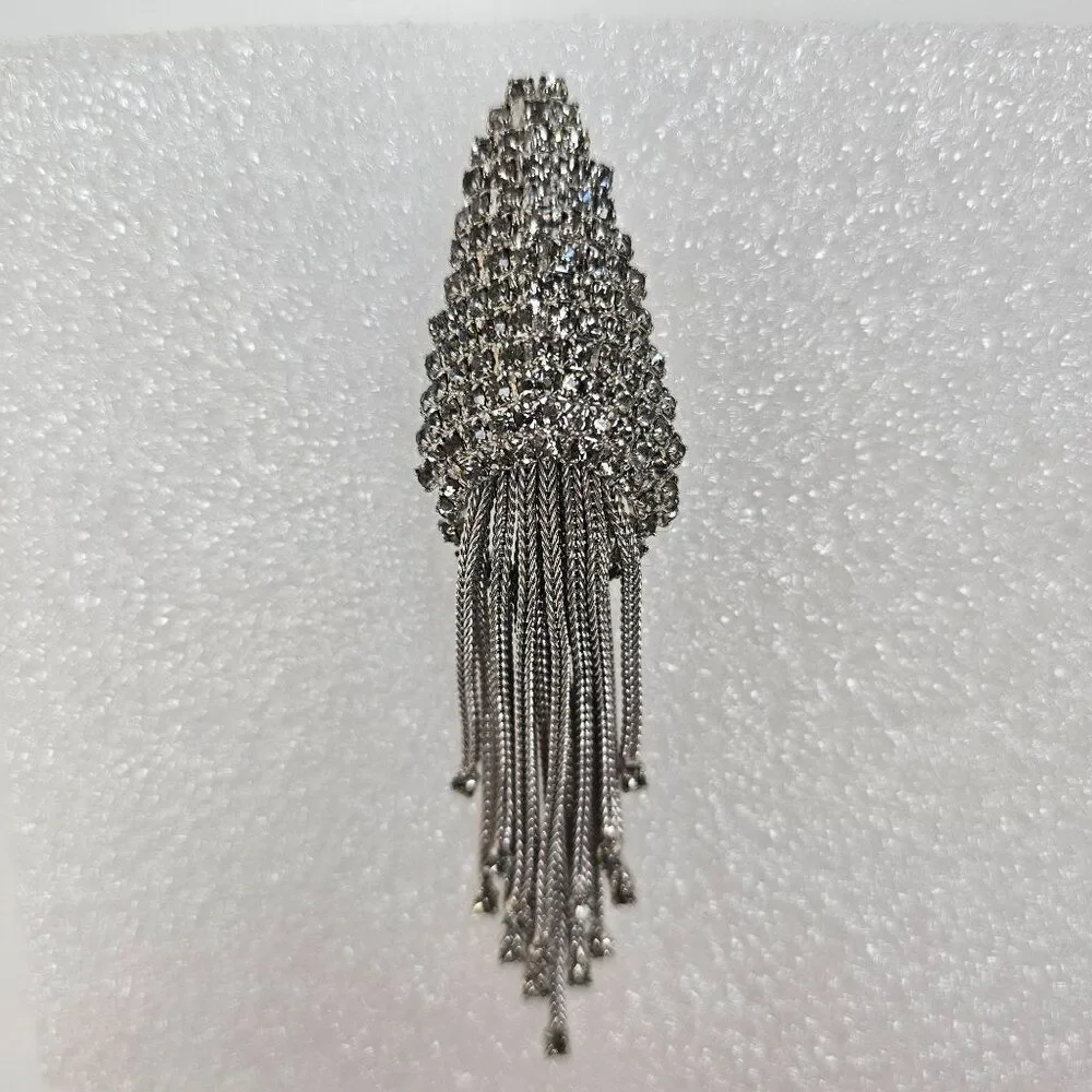 Vintage Silver Tone Crystal Rhinestone Brooch Pin‎ Clip On Earring Set Waterfall